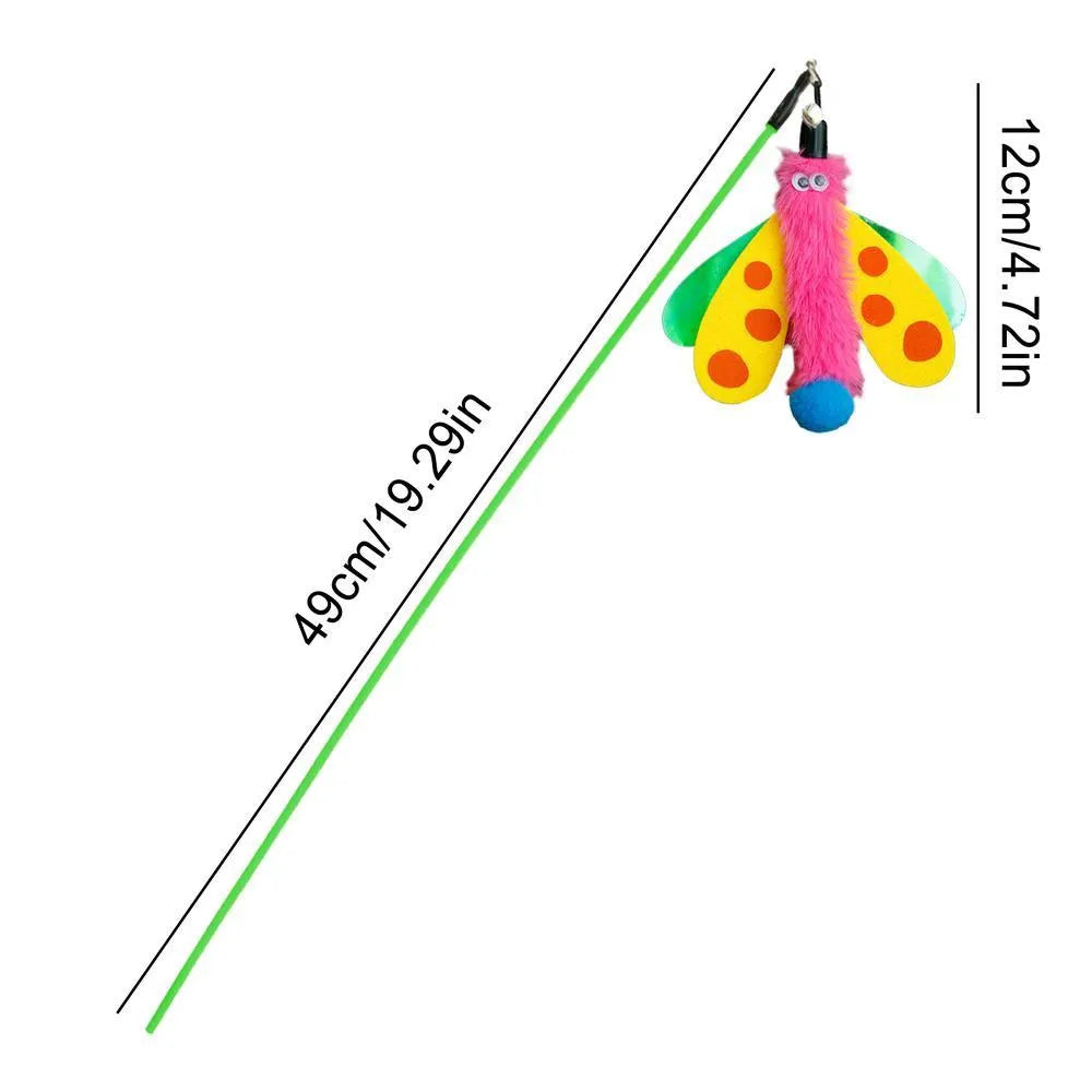 49cm cat wand toy with dragonfly bell attachment in colourful feathers for indoor cat play