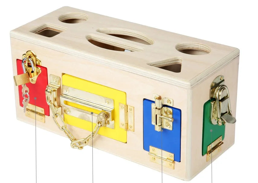 Wooden educational shape sorting box with 12 matching blocks for preschool children