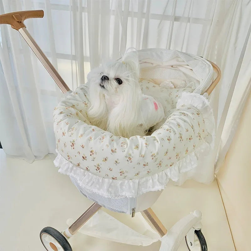 Pure cotton pet stroller accessory set showing removable towel, cushion and pillow in striped pattern