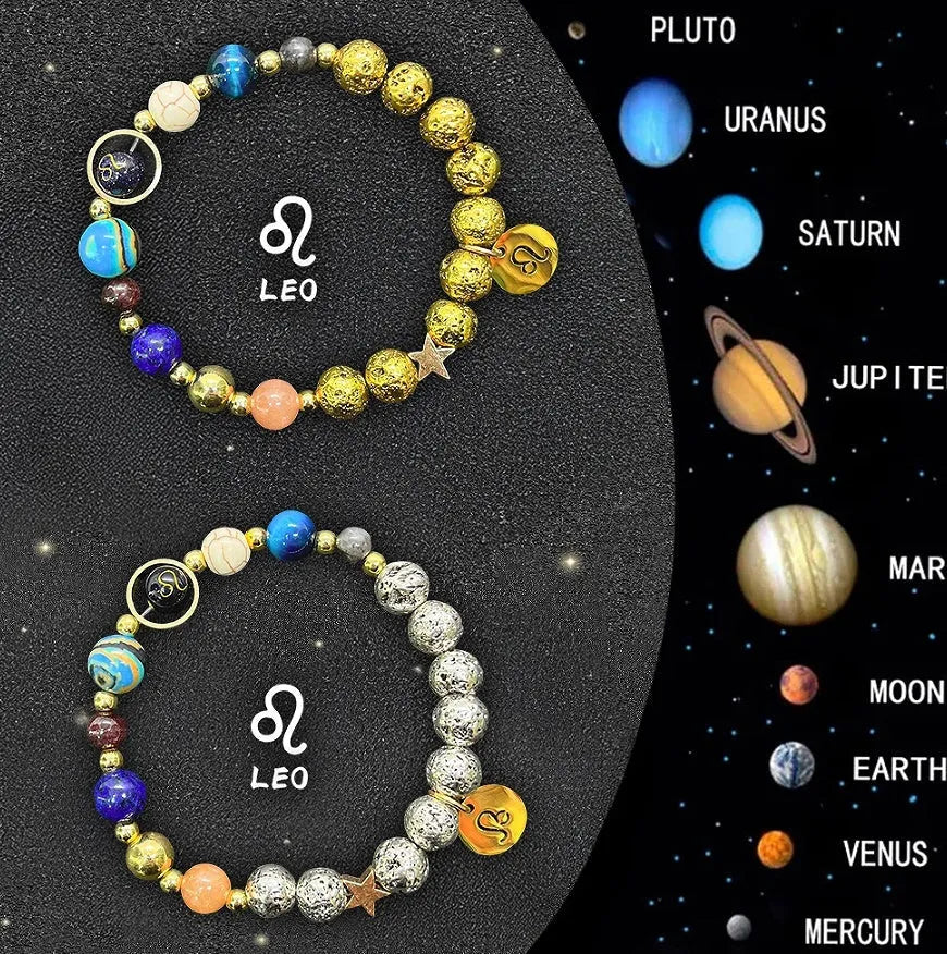 Two natural stone beaded bracelets showing zodiac sign designs on a neutral background
