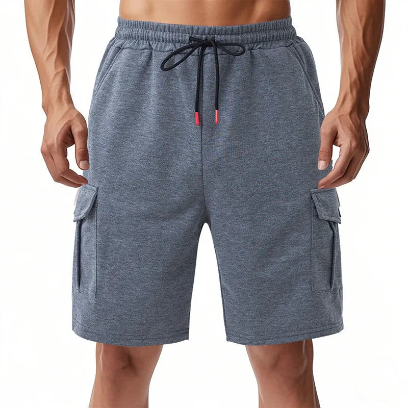 Men's loose fit cargo shorts with multiple pockets in light grey terry fabric