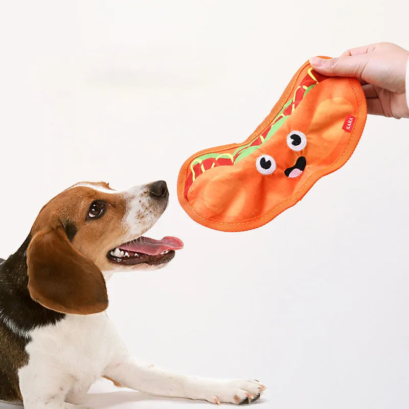 Red and yellow hamburger-shaped dog chew toy with dual crinkle and squeak sounds.