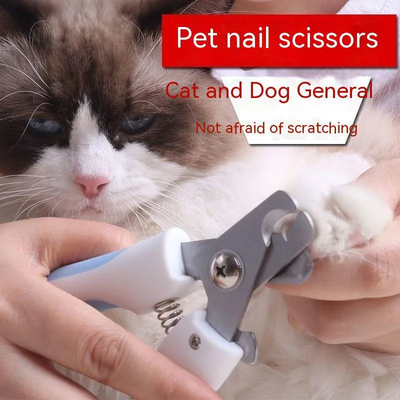 Pet nail scissors with curved handle, stainless steel cutter head, available in blue or pink small or large.