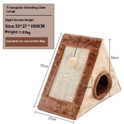 Triangular grey and white cat bed with sisal scratching posts on the sides.