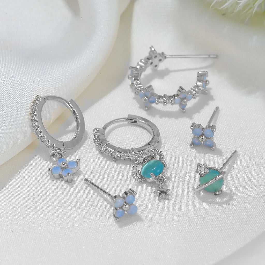 Japanese Korean style flower ear studs with zircon mosaic on copper in gold and silver colours