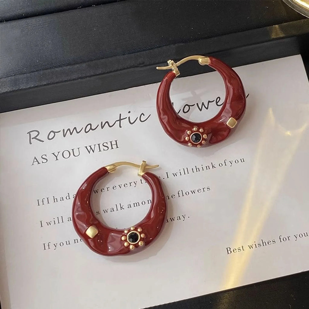 Hong Kong style retro alloy ear studs with rhinestone inlay in black and red colours
