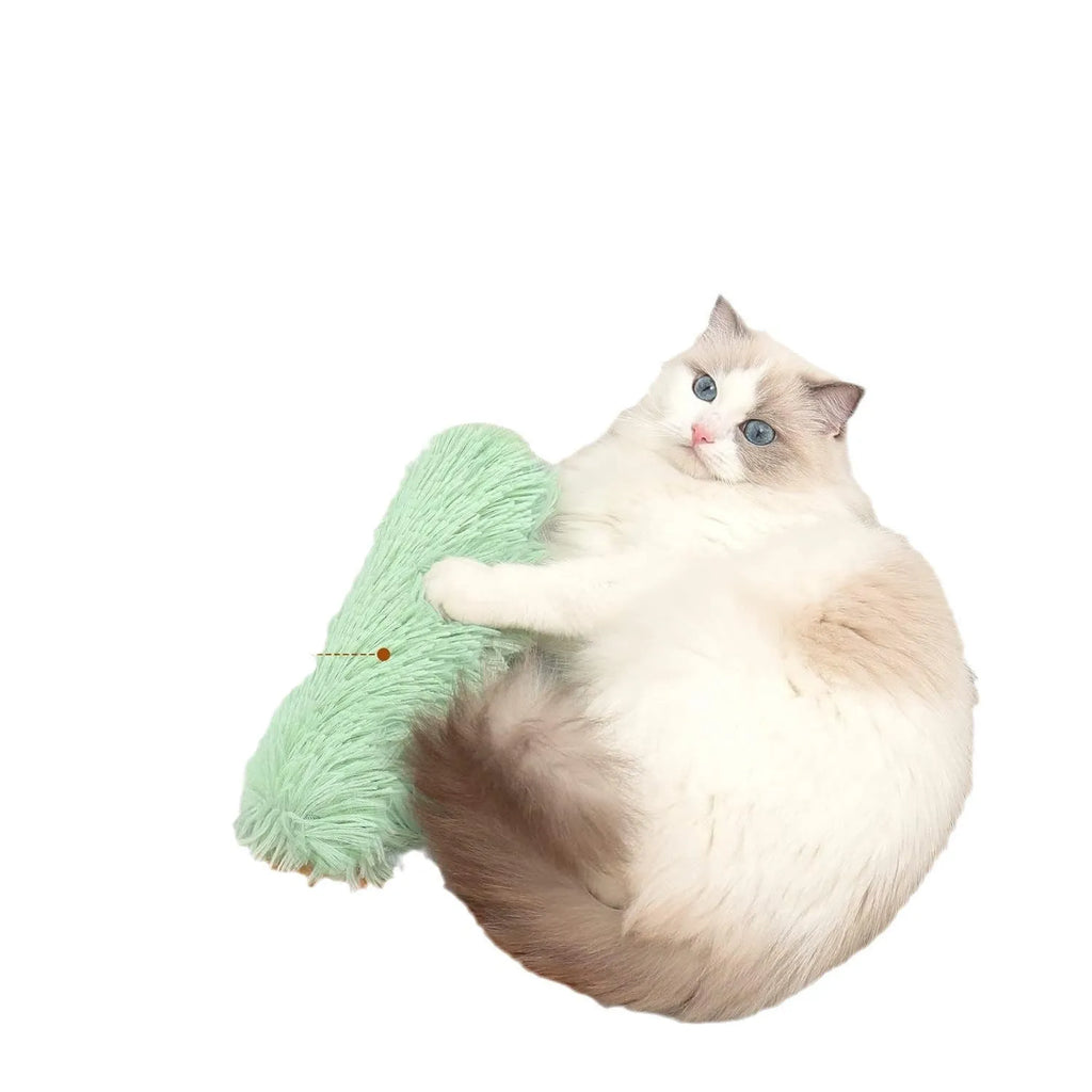 Blue plush cat toy pillow measuring 27 by 10 centimetres