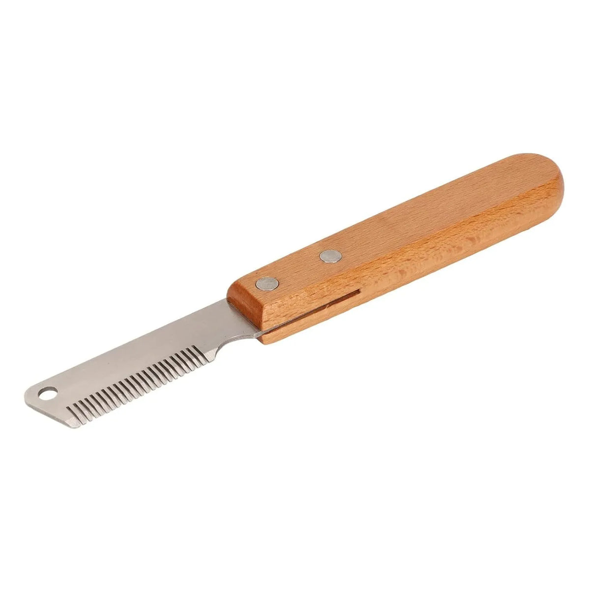 Pet stripping comb with wood handle and metal blade for dog and cat grooming.