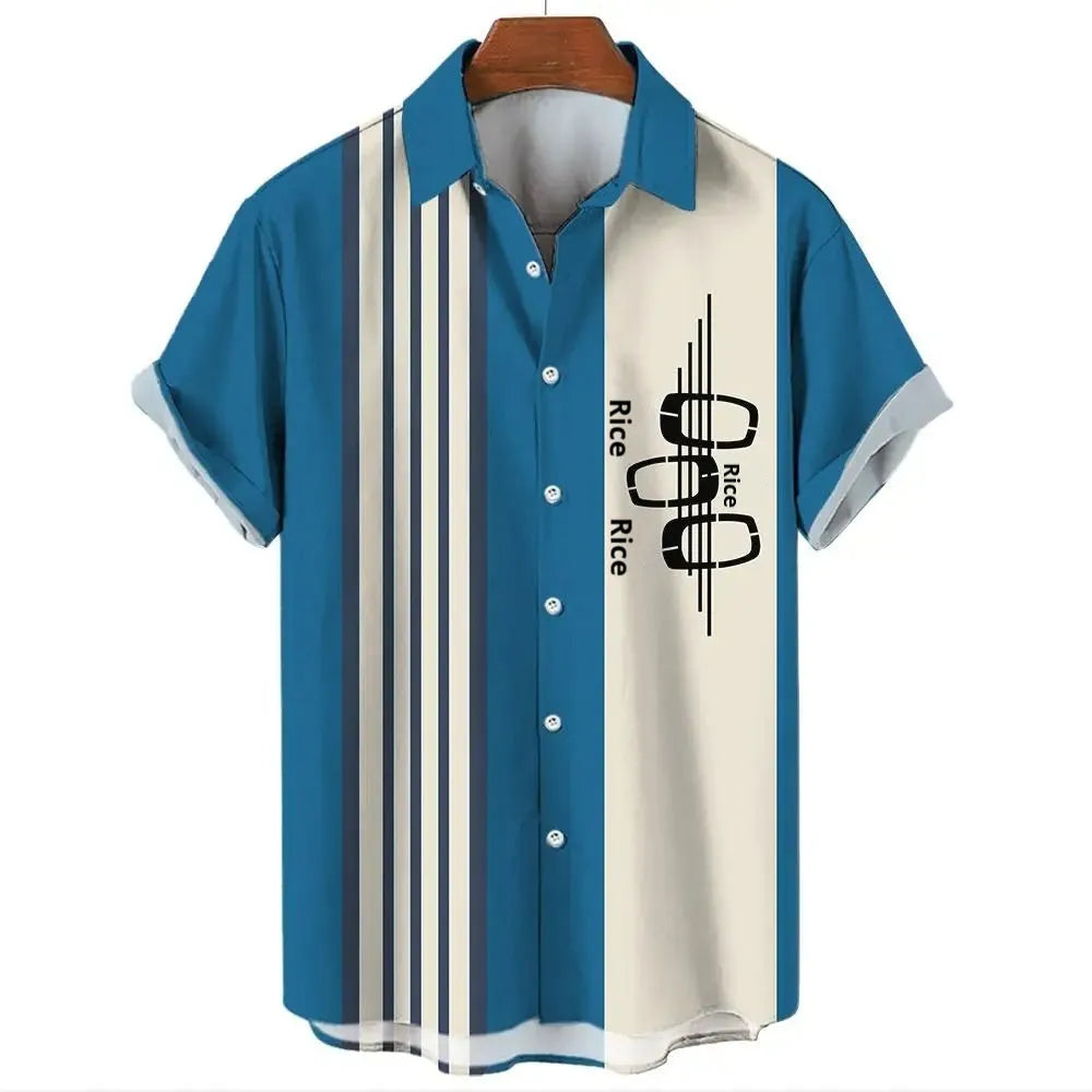 Men's striped Hawaiian short sleeve shirt with button front and elastic band construction