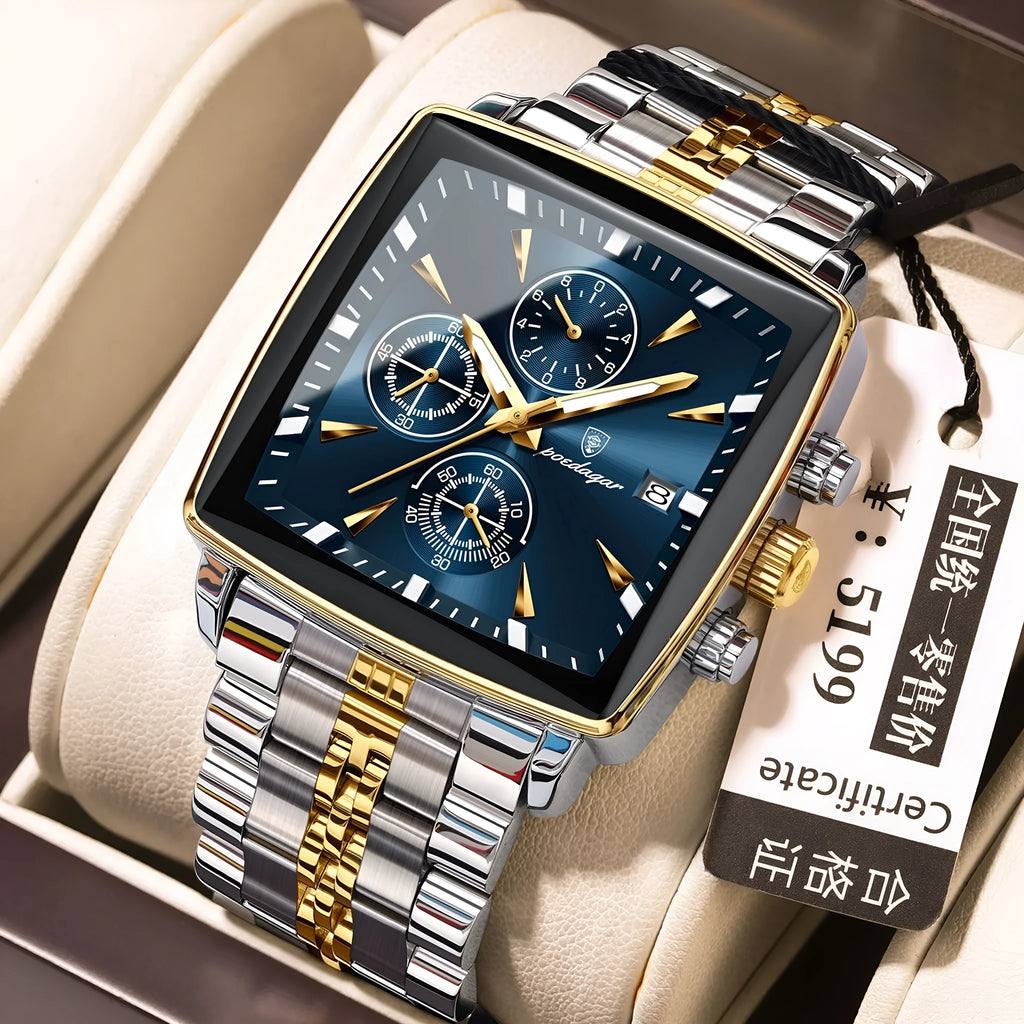 Square men's business watch with stainless steel strap and alloy case on wrist.