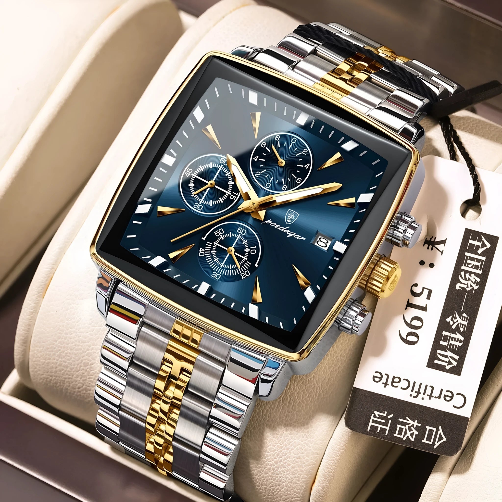 Square men's business watch with stainless steel strap and alloy case on wrist.
