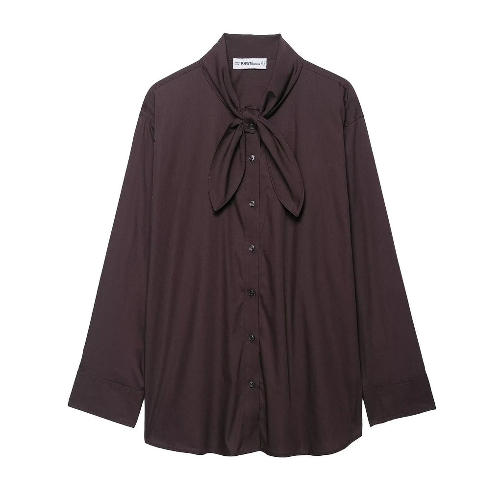 Brown women's poplin shirt with long sleeves and bow tie detail