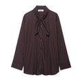 Brown women's poplin shirt with long sleeves and bow tie detail