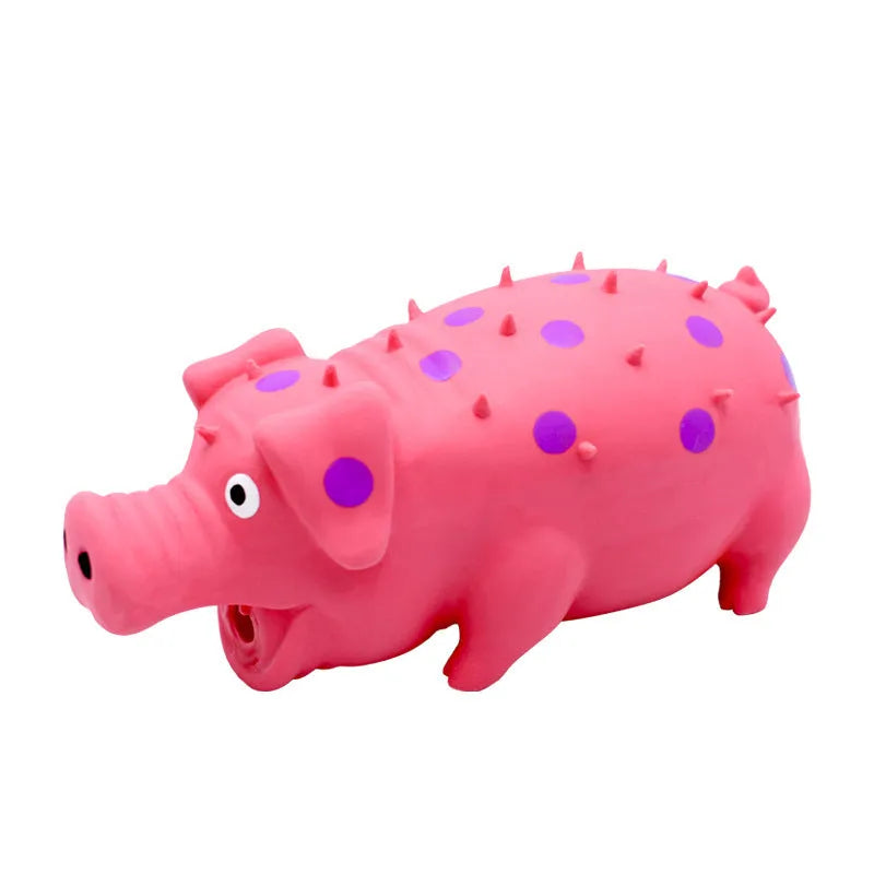 Latex pig-shaped dog chew toy with textured surface and squeaker in multiple colour options