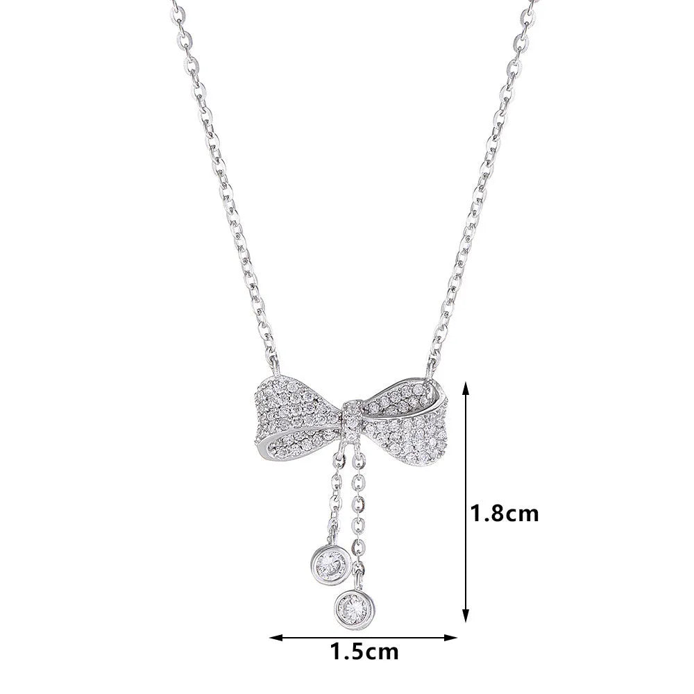 S925 sterling silver bow pendant necklace with O-ring chain, 40-45cm length