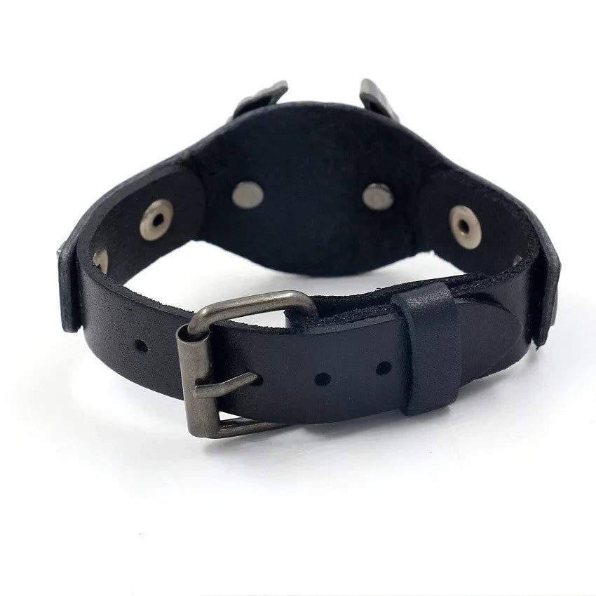 Black geometric leather bracelet with alloy eagle clasp showing width variation