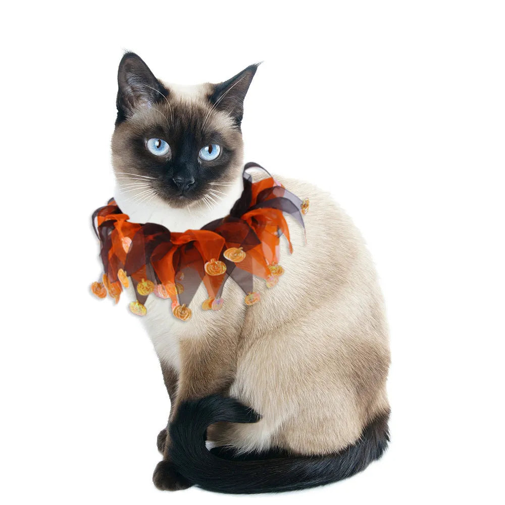 Colourful tie-dye cloth dog collar showing Christmas and Halloween patterns alongside green and blue solid colours.