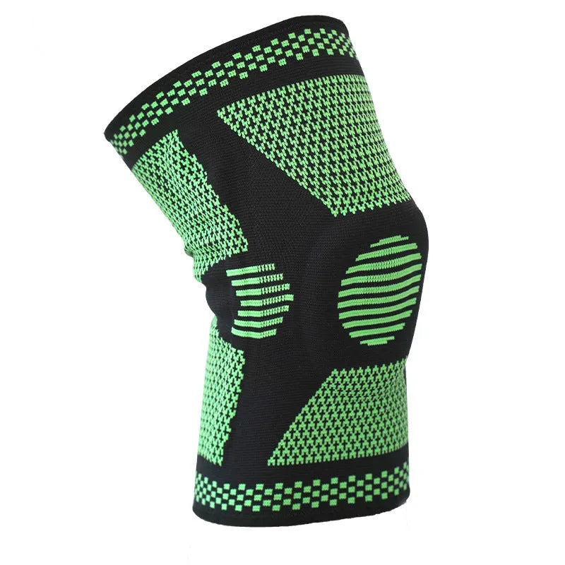Sports fitness silicone spring knee pads in green, blue, white, orange colours for leg sizes 35-55cm.