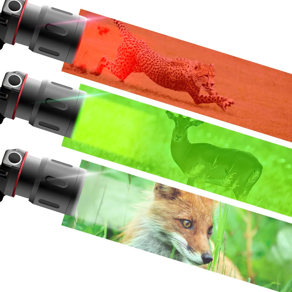 T6 LED zoom headlamp showing white, red, and green light modes on a head strap.