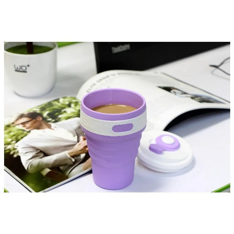 Collapsible silicone travel mug shown expanded and folded with leak-proof lid in multiple colours