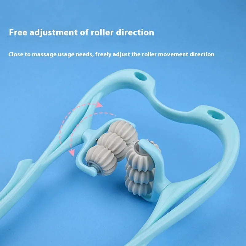 Blue plastic handheld massager with six white wheels for neck, shoulder, and waist.