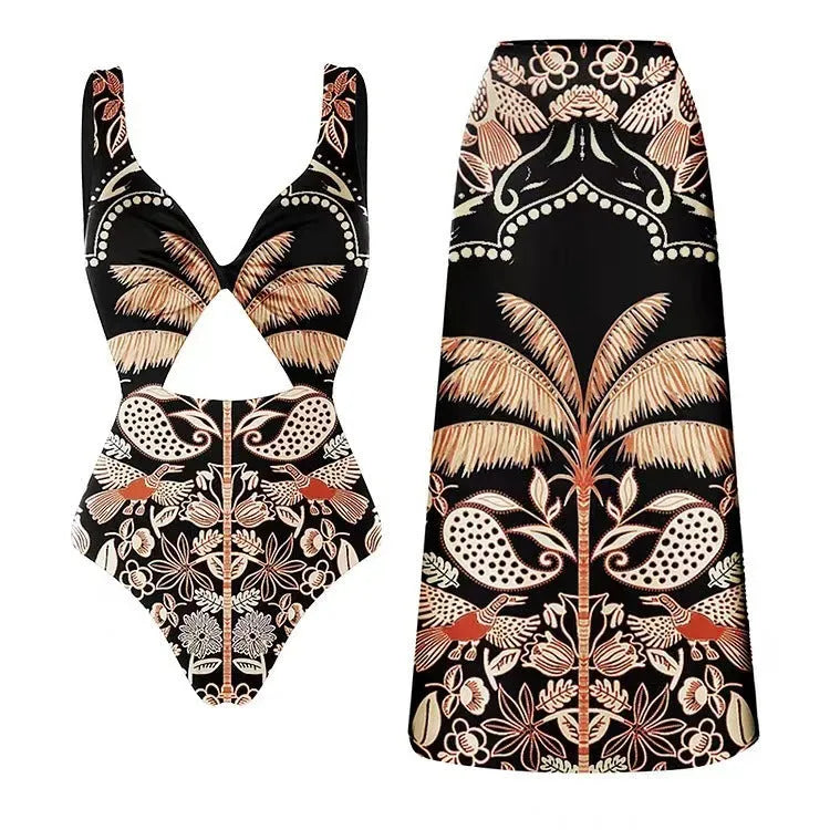 Women's black polyester one-piece swimsuit on a hanger