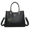 Women's black PU leather shoulder messenger bag with multi-layer compartments and sewing thread detailing