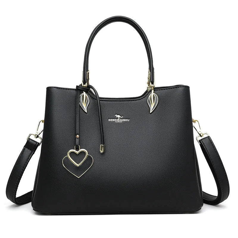 Women's black PU leather shoulder messenger bag with multi-layer compartments and sewing thread detailing