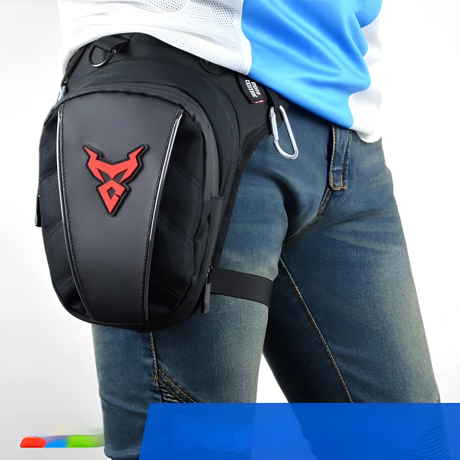 Motorcycle leg bag in red blue green grey colours with adjustable depth and crossbody shoulder waist carry options
