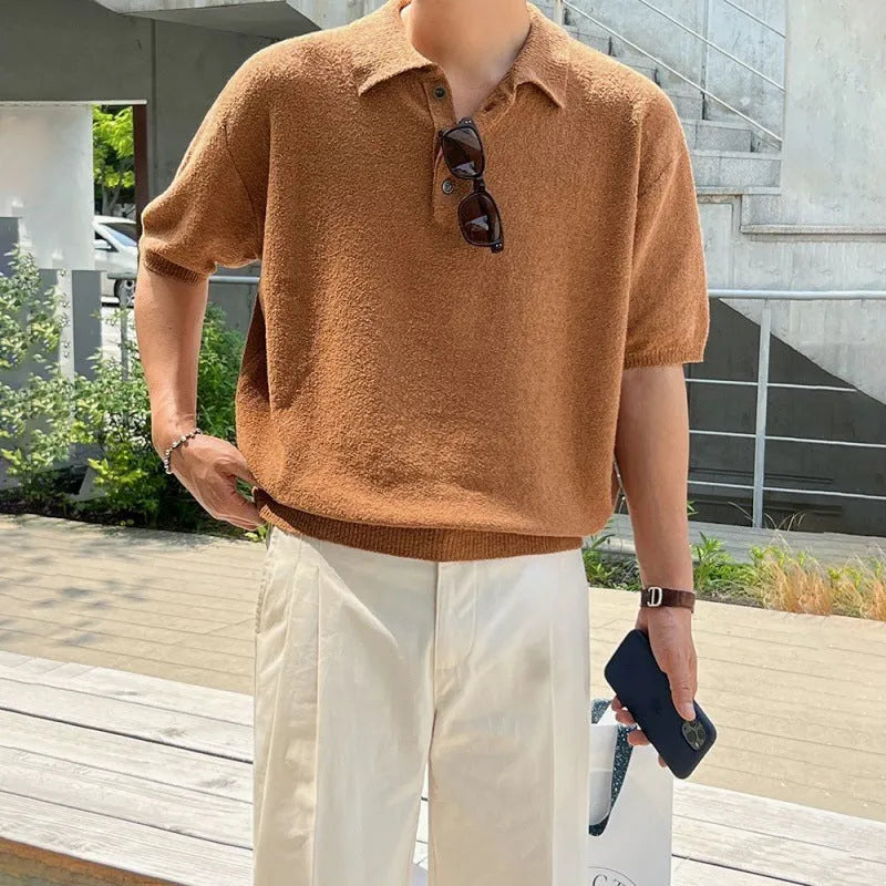 Men's knitted polo shirt short sleeve in caramel colour with asymmetric detailing and loose fit design