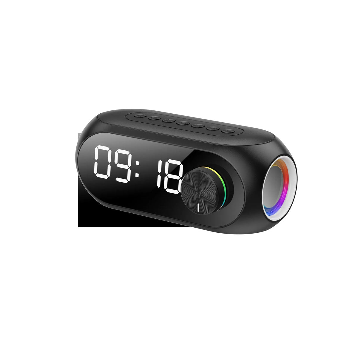 S8 Black portable mini clock and Bluetooth speaker with extra bass on a desk, connected via USB cable.