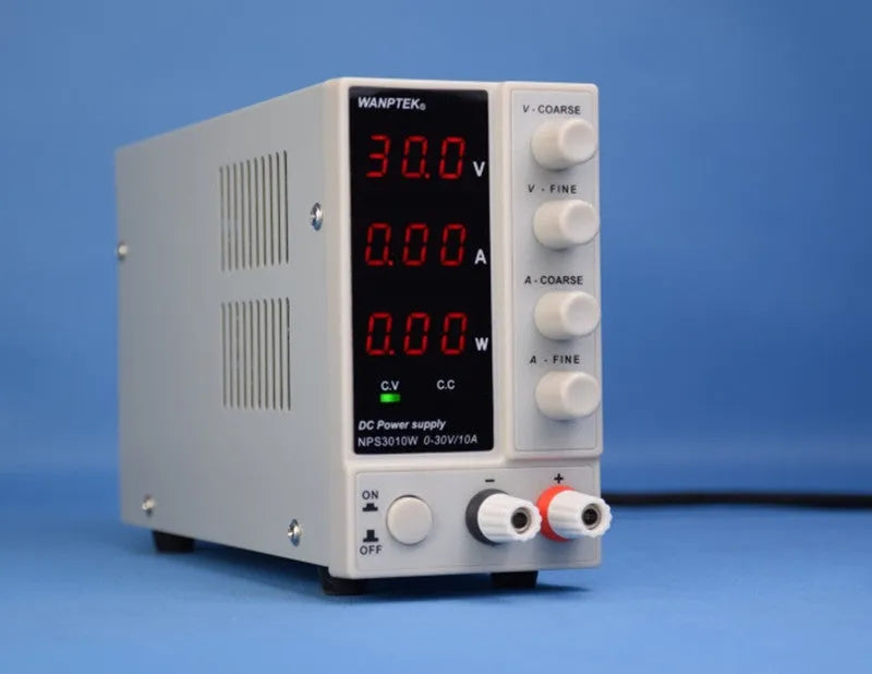 White adjustable DC power supply with voltage and current controls for electronics repair