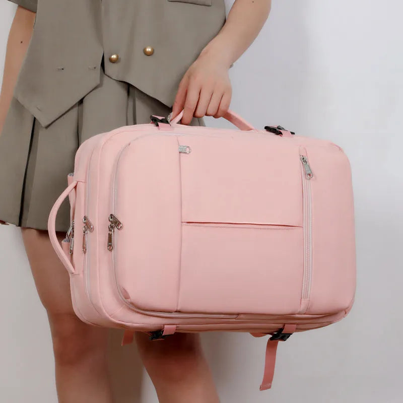 Waterproof Oxford cloth backpack in five colours showing multiple pockets and laptop compartment
