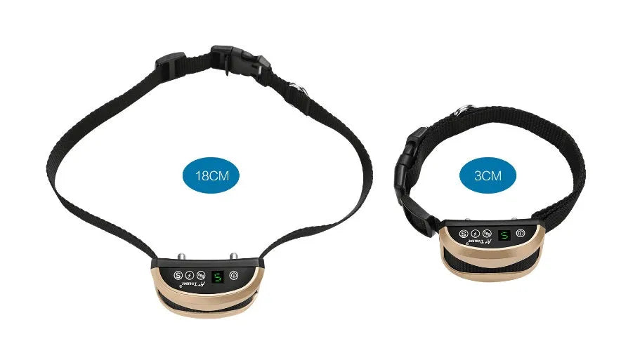 Digital display dog bark training collar with adjustable nylon strap in black, showing beep, vibration, and shock modes.