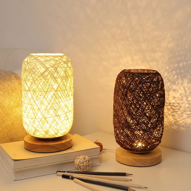 Sepak Takraw hemp rope desk lamp with solid wood base and USB cable