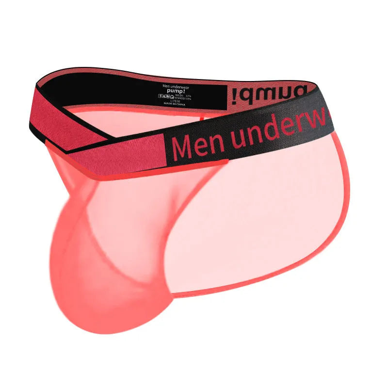 Men's transparent ice silk briefs in red, black, or white with a large V gradient front.