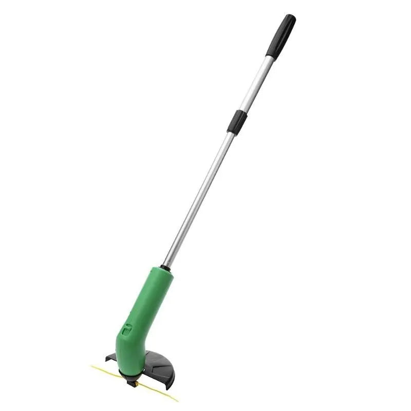 Cordless handheld lawn trimmer with extension pole and protective debris shield on a lawn.