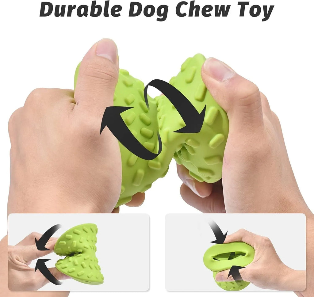 Blue natural rubber bone-shaped dog toy with treat holes for interactive chewing.