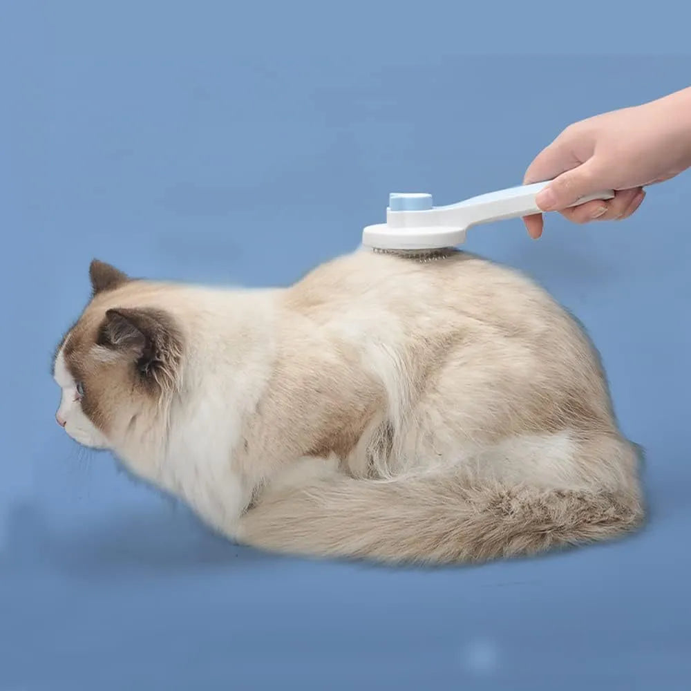 Self cleaning cat brush with blue rubber handle and metal pins with round tips