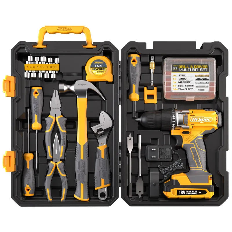 82-piece grey yellow tool combo set for furniture installation in storage case with chrome-vanadium steel tools