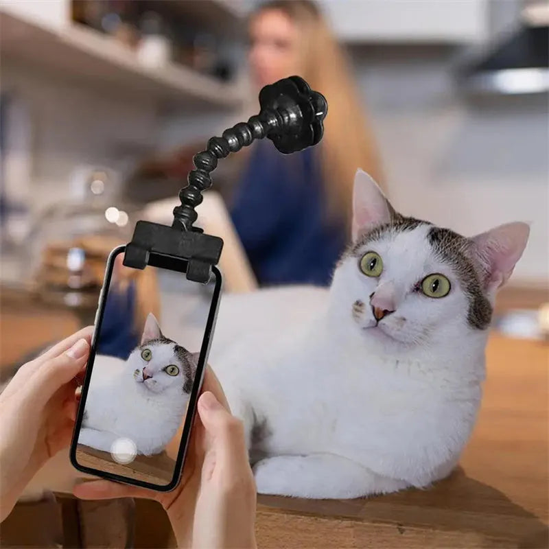 Plastic pet photography mobile phone holder with rotating treat clip in black or white colour