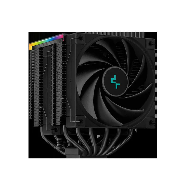 Black and white twin tower CPU air cooler with digital display, showing copper base and aluminium fins.