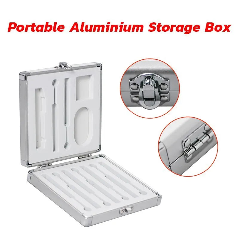 Silver aluminium storage box for TS100 soldering iron, dimensions 154mm by 147mm.