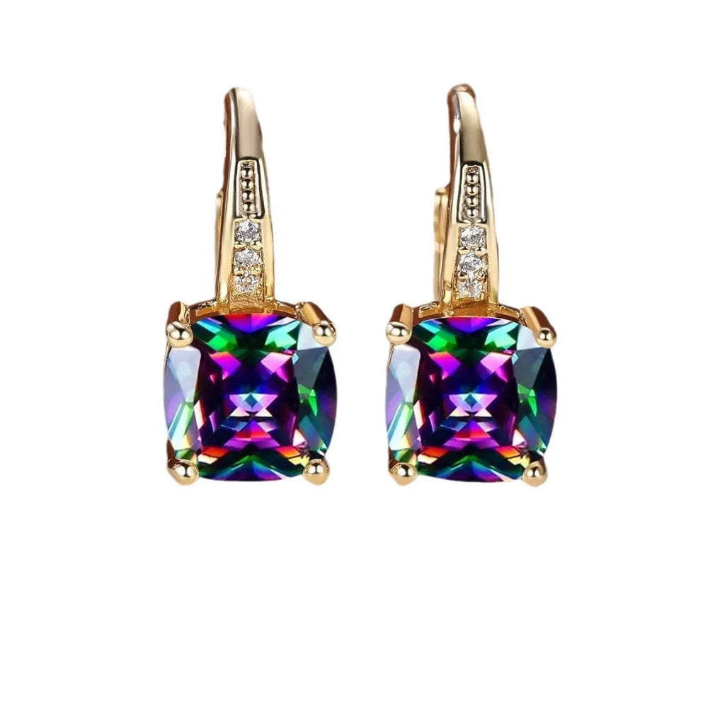 Square geometric copper ear clip with colourful moissanite inlays and electroplated gold finish