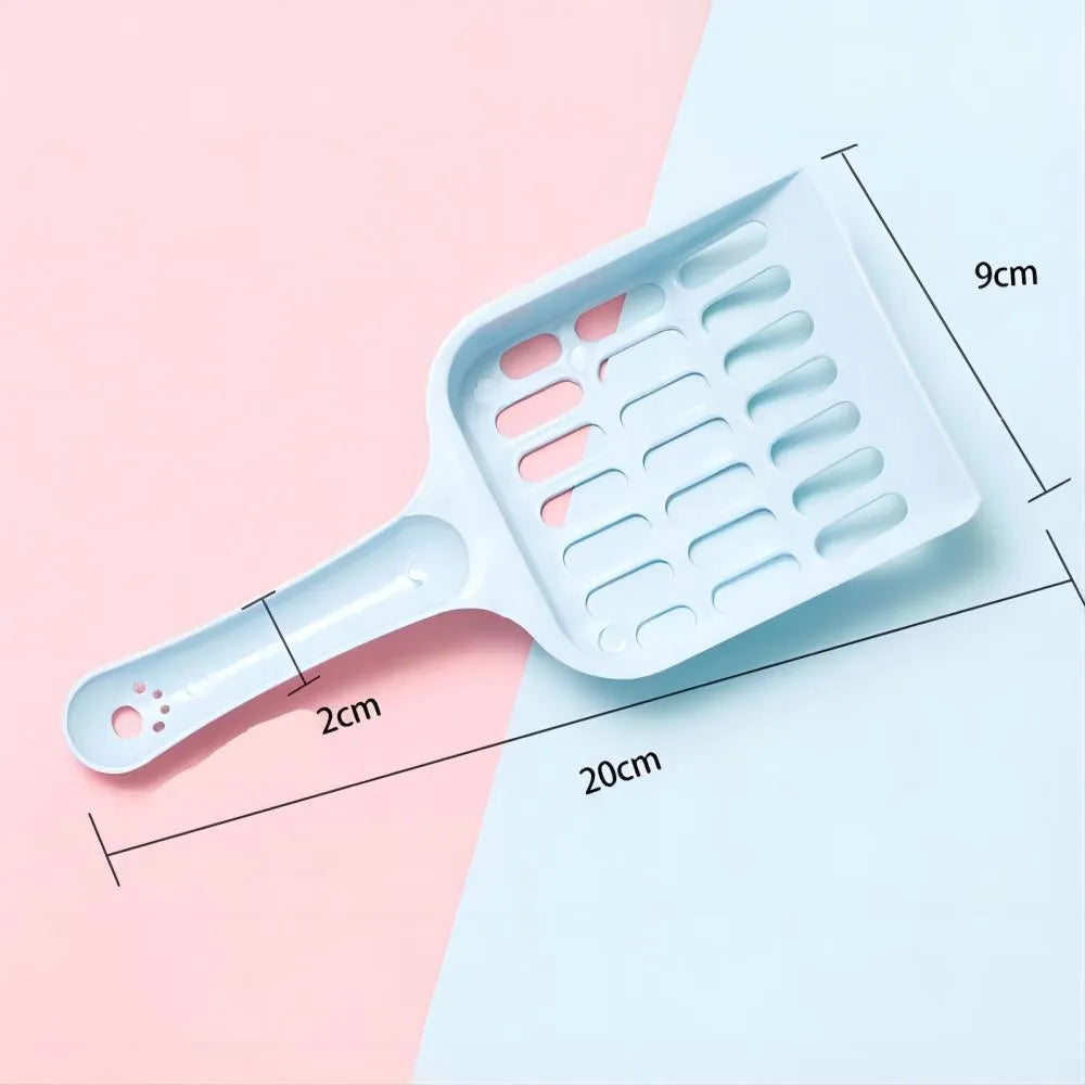 Blue plastic cat litter scoop on a white background, showing its 20cm length and scoop shape.