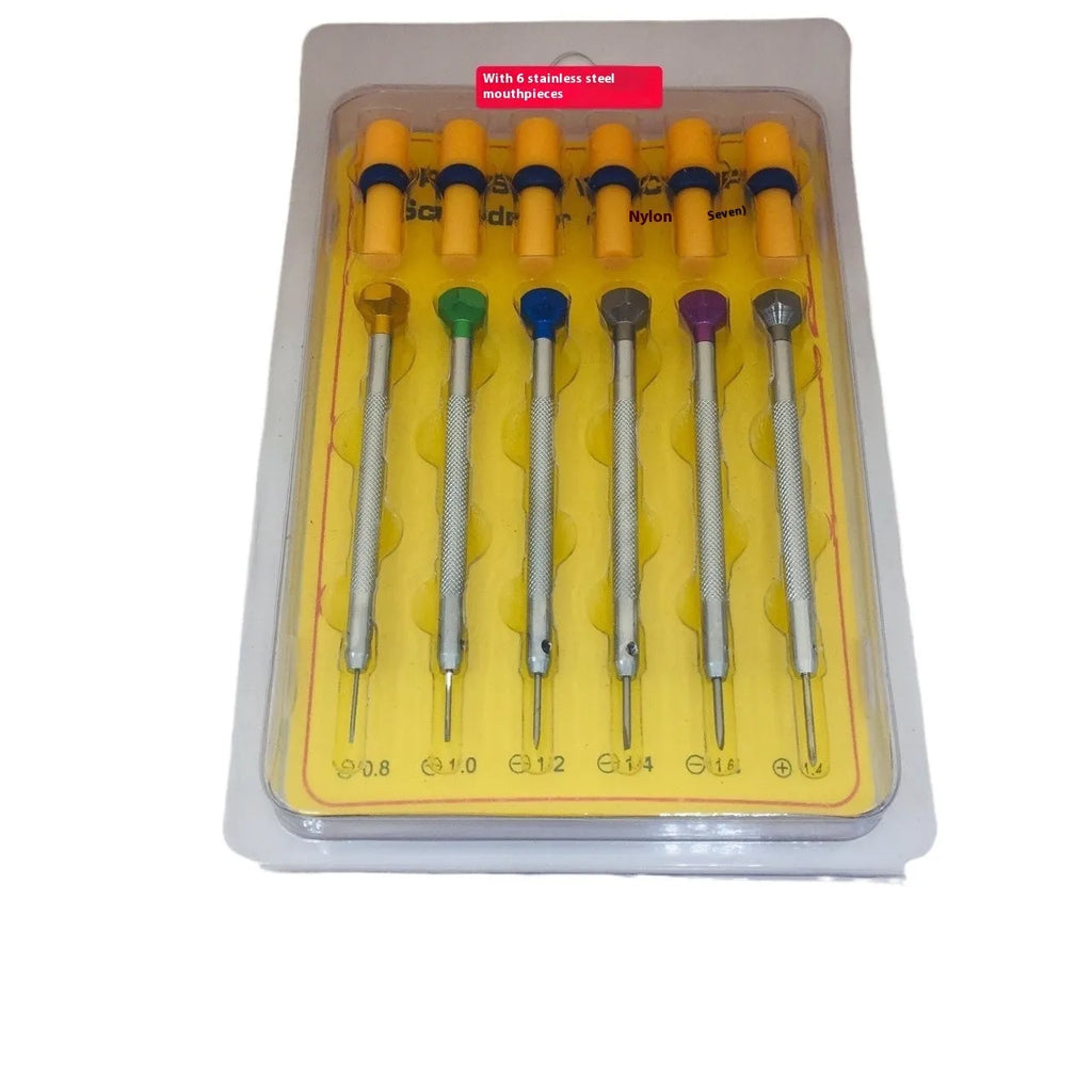 Six colour-coded aluminium screwdrivers for watch repair with copper handles and oxidised cutter heads