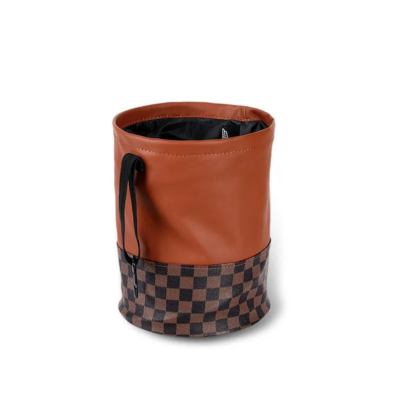 Black leather car trash can with handle showing folded and expanded positions for vehicle waste management