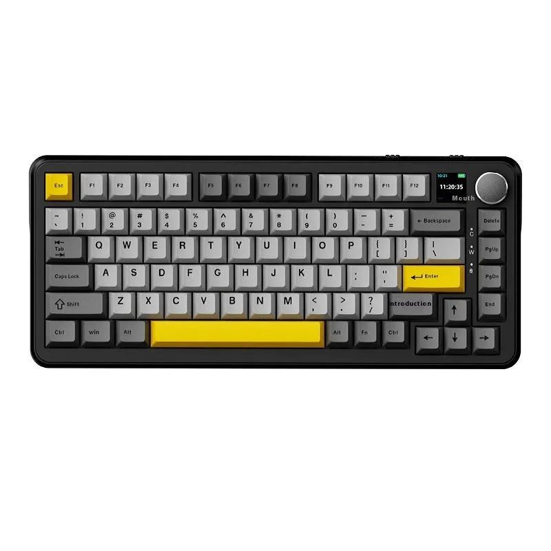 75% layout mechanical keyboard with black, grey and yellow colour scheme showing included accessories