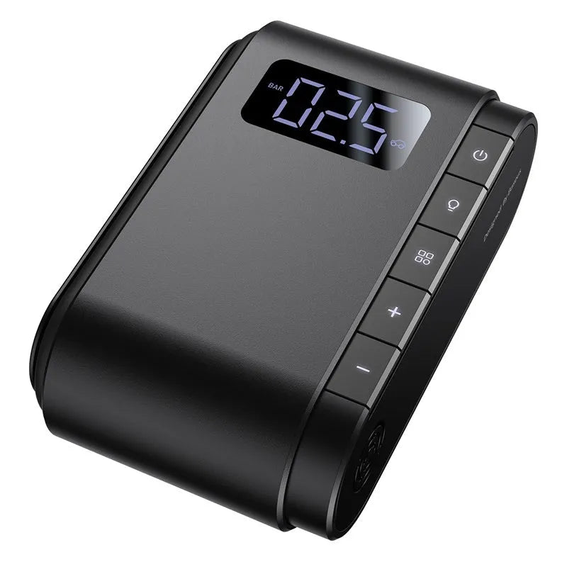 Black cordless car tyre inflator 45W with LED digital display and 5-150PSI pressure gauge, 130x80.21x46mm