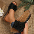 Women's dark brown fish mouth peep-toe slippers with thick rubber sole and PVC upper.